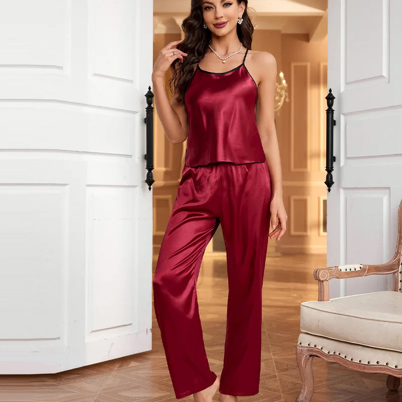 NEW Women\'s Pajamas Set Lace Hollow Back Ice Silk Thin Sling Nightwear Elegant Sexy Loungewear Trousers Sleepwear Sets