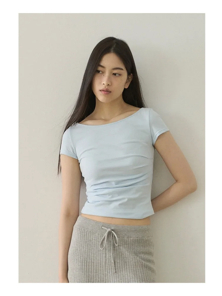 

Синяя футболка с коротким рукавом, эластичной талией, плиссированная, приталенная, из влагоотводящей хлопковой смеси, летний топ