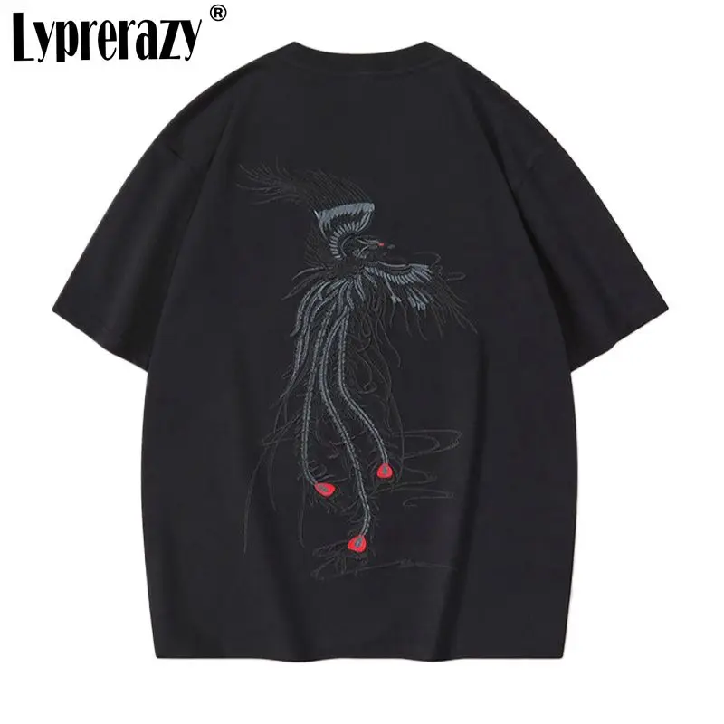 

Lyprerazy футболка в китайском стиле с вышивкой Феникс с короткими рукавами летняя Модная хлопковая свободная Мужская футболка в национальном стиле