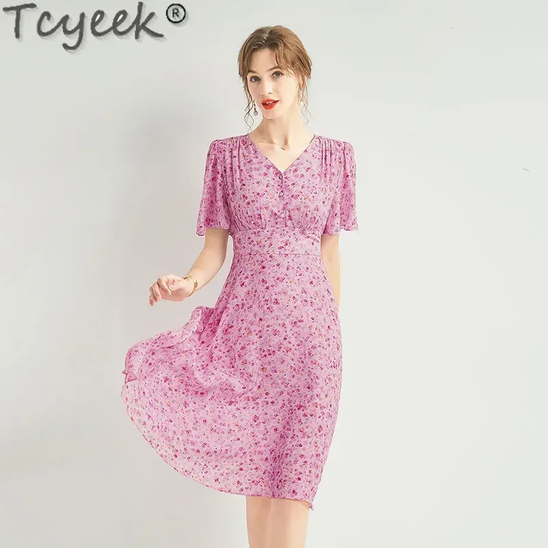 

Tcyeek 100% Real Mulberry Silk Midi Dress Elegant and Pretty Women's Dresses Fashion Summer Dress Women 2024 Vestidos De Mujer