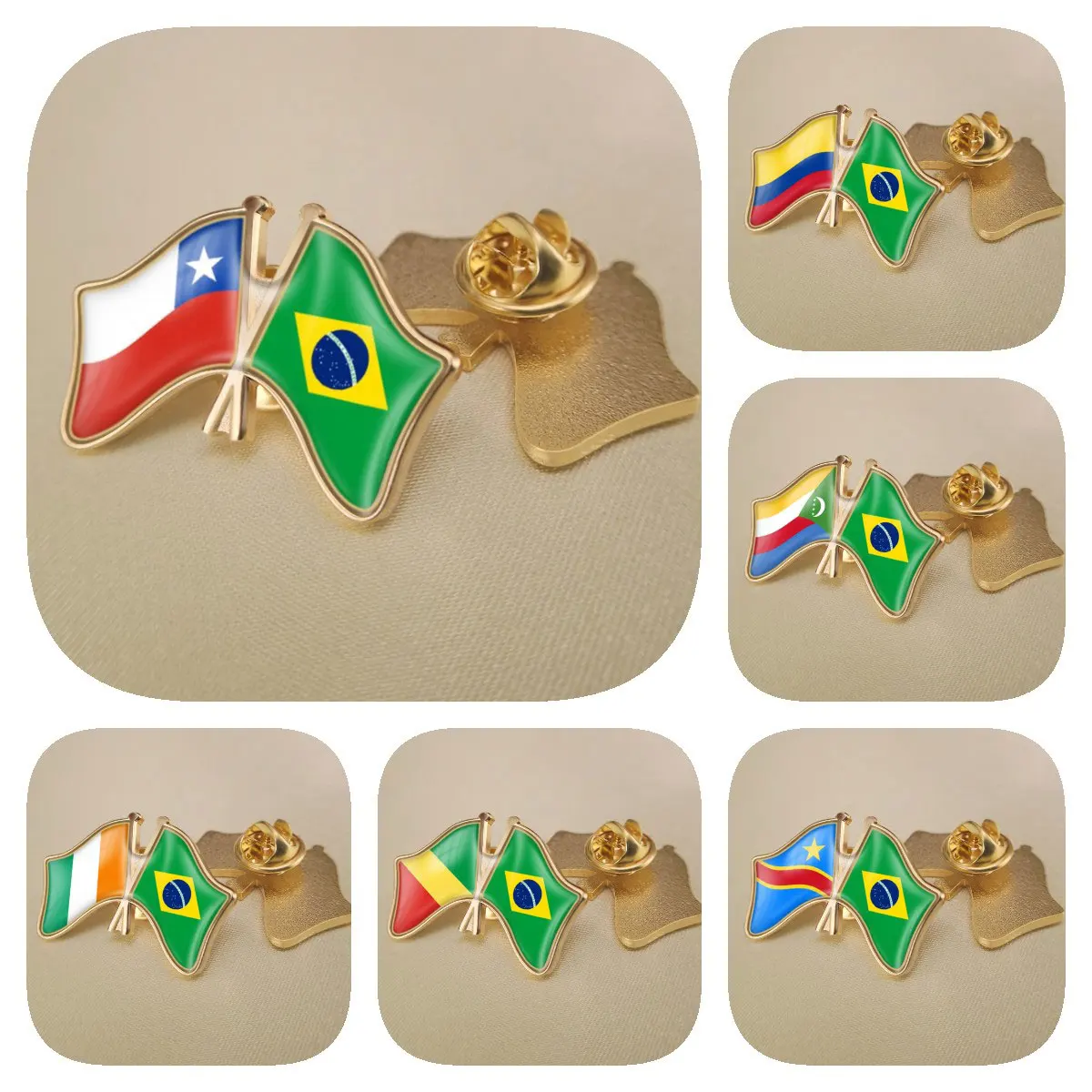 Brazil and Chile Colombia Comoros Congo Democratic Republic Cote d'Ivoire Double Crossed Friendship Flags Lapel Pins Bradges