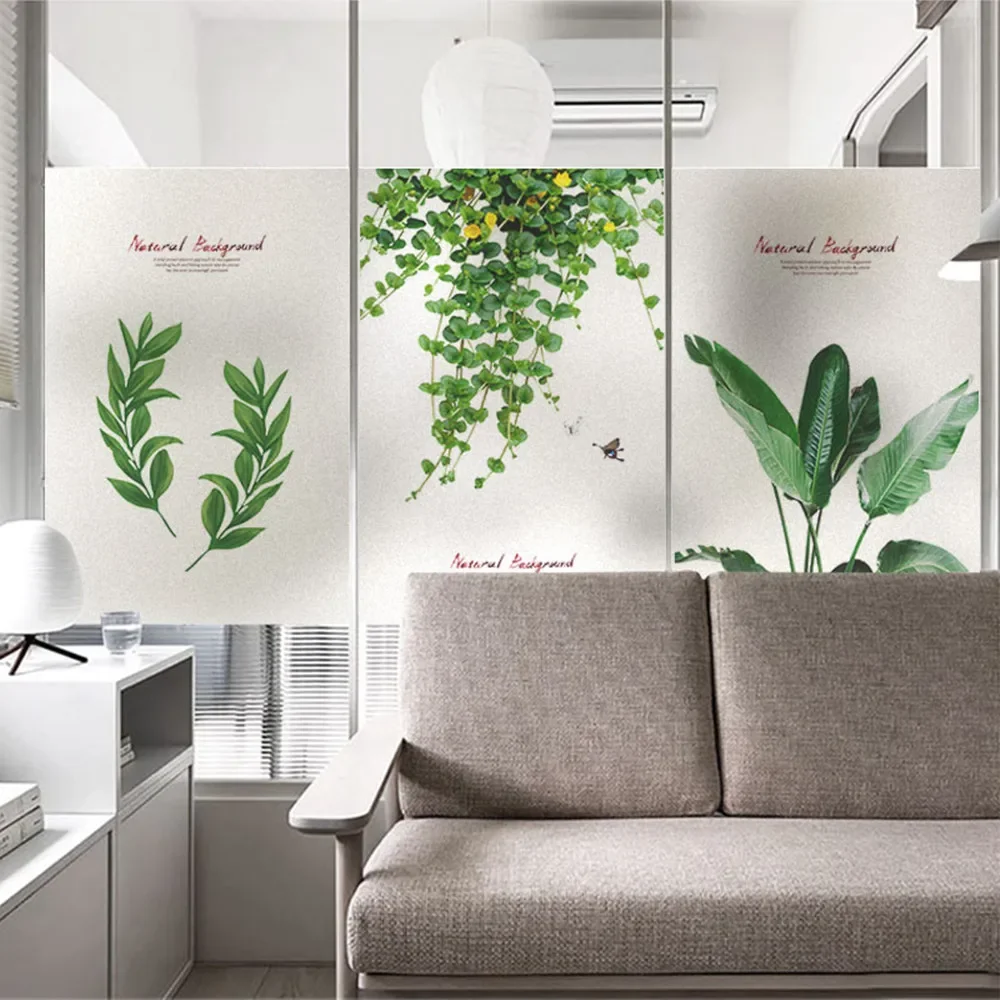 Green Leaves Privacy Windows Film Decorative No Glue Static Cling Stained Glass Window Stickers