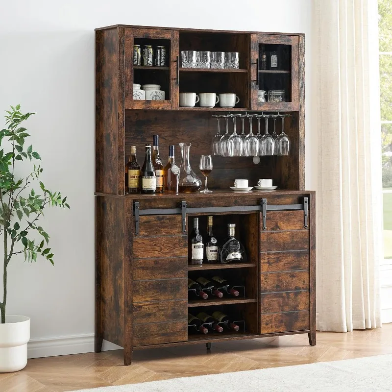 

Farmhouse Coffee Bar Cabinet with Sliding Barn Doors 70'' Kitchen Hutch Cabinet with Storage Tall Sideboard Buffet Cabinet Brown