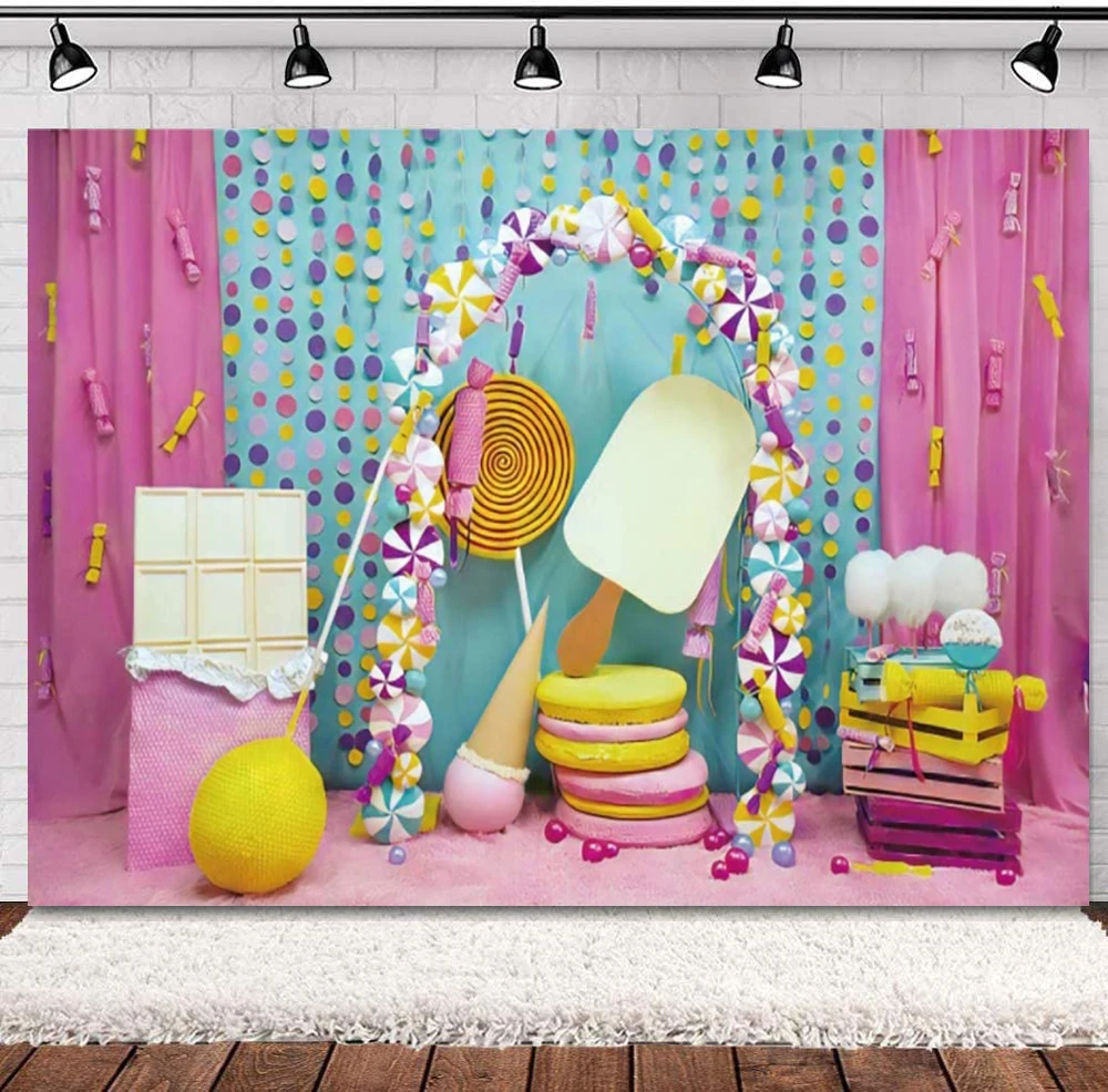 

Photography Backdrop Sweet Candy Shop Ice Cream Candyland Cake Smash Birthday Background For Baby Girl 1st Birthday Party