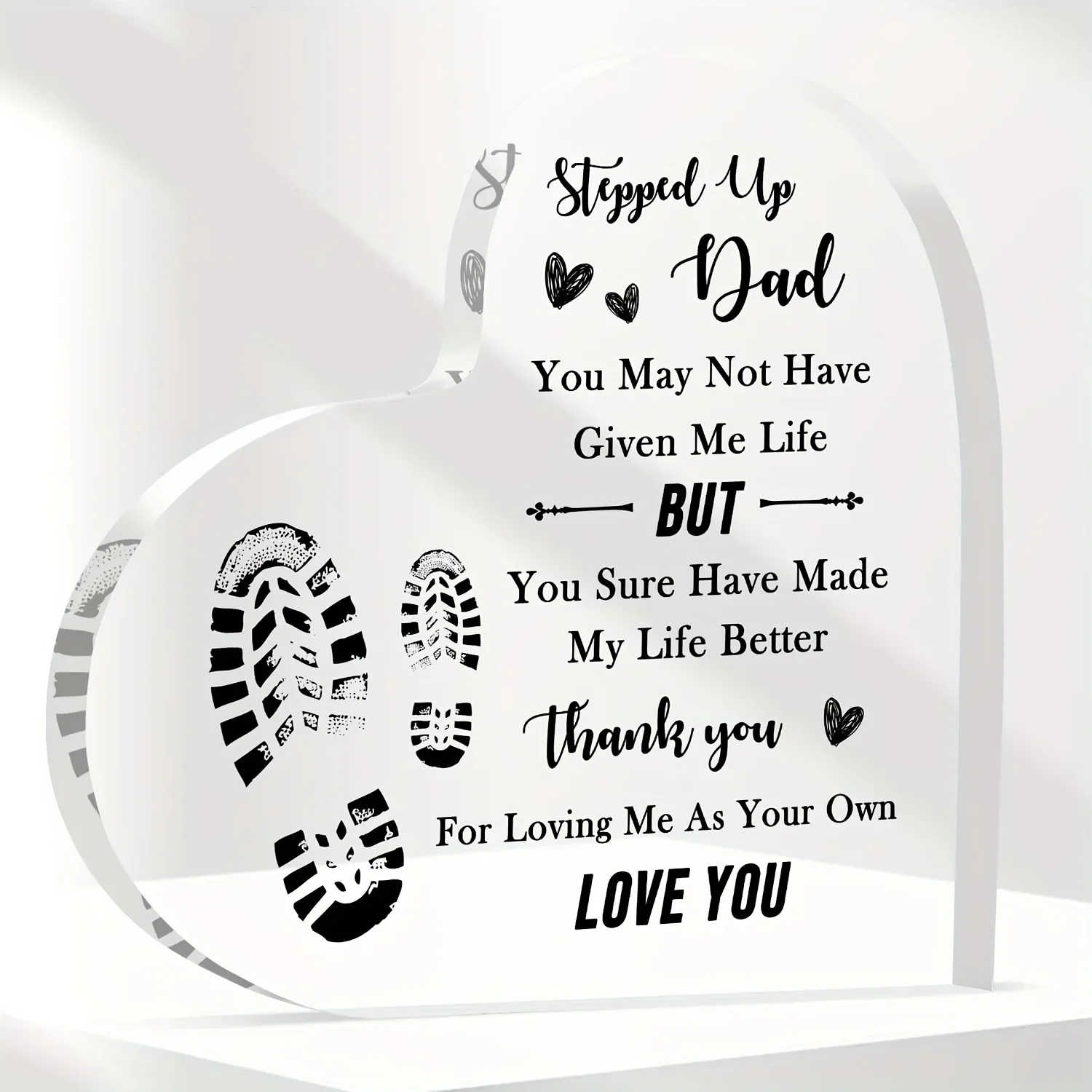 Heart Acrylic Desk Plaque Stepped Up Dad Gift, Stepfather Thank You Acrylic Heart Decor for Step Dad Bonus Dad Birthday Gifts