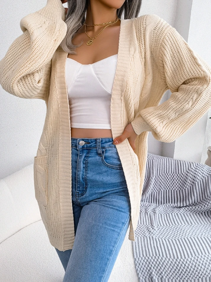 

2025 Autumn Spring Lady Jackets Fried Dough Twists Lantern Sleeve Casual Pocket Knitting Cardigan Coat for Women