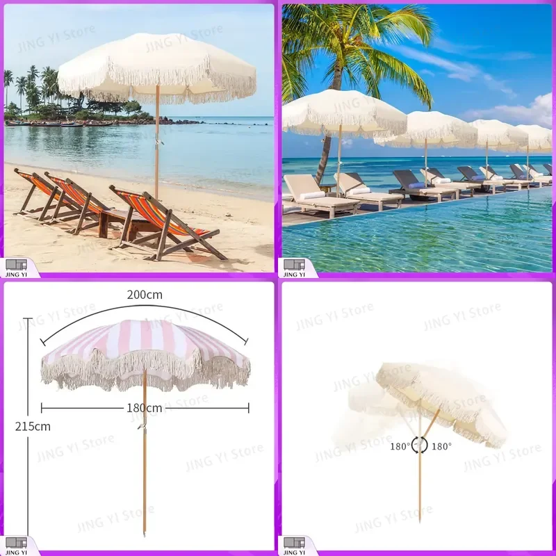 Foldable Beach Umbrella with Fringe UPF 50+ Sun Protection Wooden Pole for Garden Lawn Pool Yard Table Outdoor Shade Umbrella