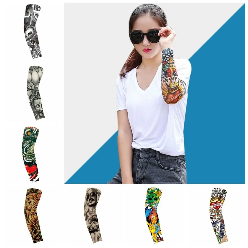 UV Protection Flower Arm Tattoo Sleeve Sunscreen Seamless Sun Protection Cover Thin Flower Arm Pattern Ice Silk Arm Sleeve