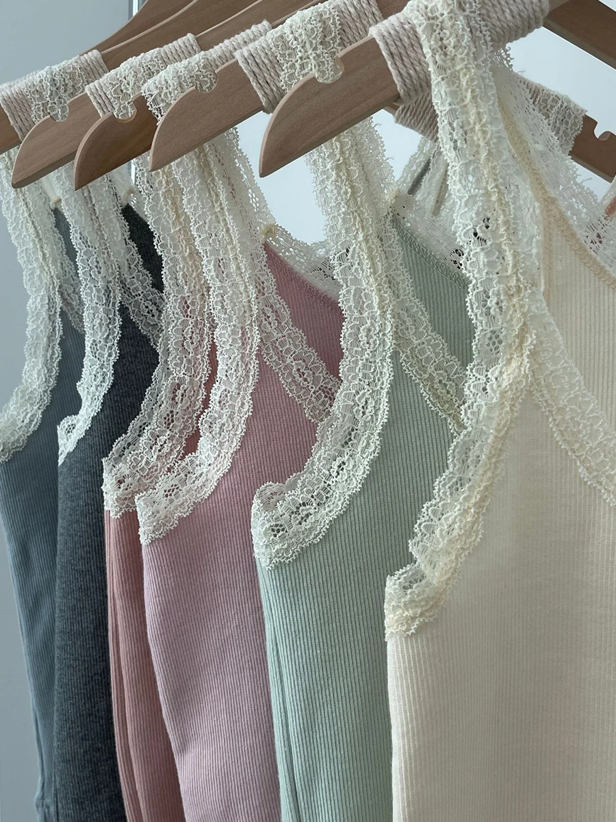 Pink Lace Trim Slim Tank Tops For Women Summer Sweet Chic Cotton Cropped Vest Preppy Style Simple Sleeveless Crop Top Camis New