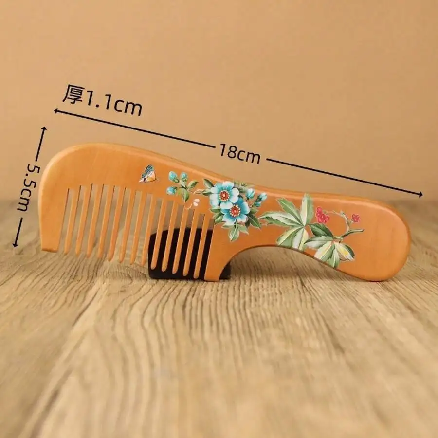 

Hand Painted Peach Wood Comb For Adults, Anti-Static Hair Comb With Floral Design