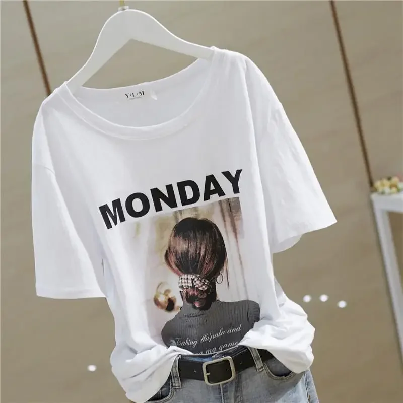 100% Cotton T Shirt Women Fashion Letter Print Personality T-shirt Casual Loose Short Sleeve Bottom Top Summer Trend Thin Tshirt