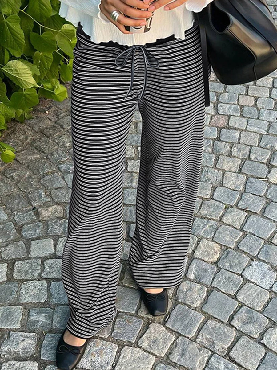 Женские вязаные брюки в полоску с эластичным шнурком на талии, свободные прямые брюки, уличная одежда