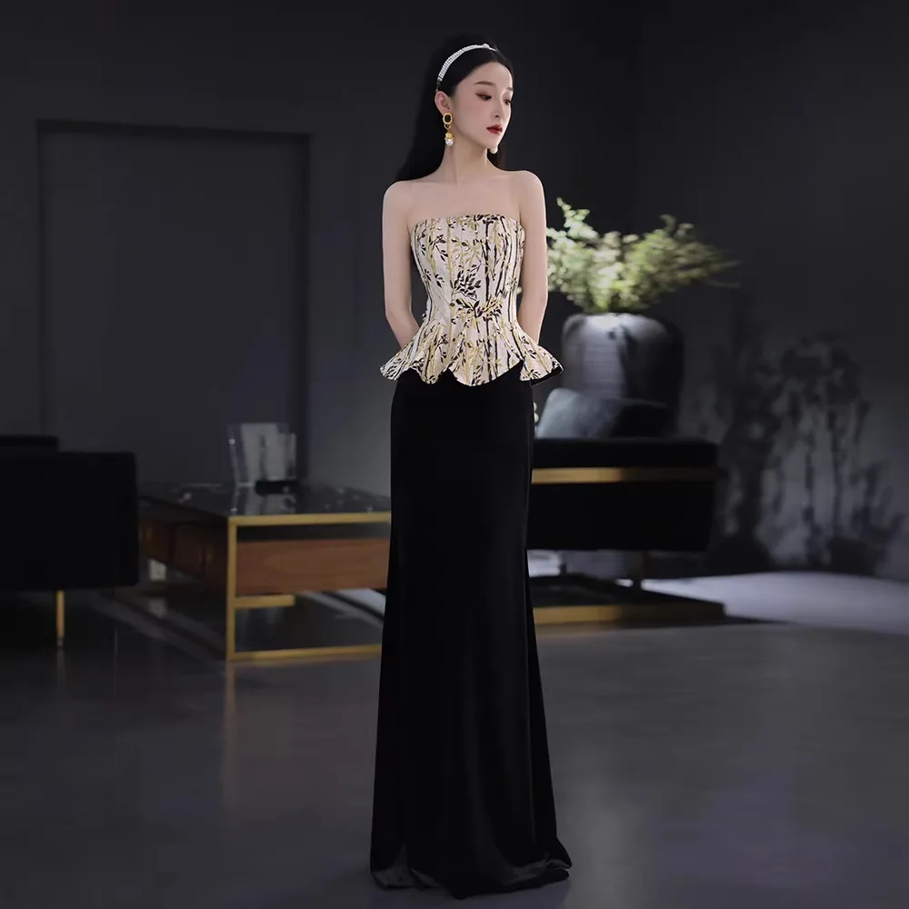 

Tube Top Evening Dress New Banquet Temperament High Sense Special Interest Light Luxury Black Engagement Dress for Women