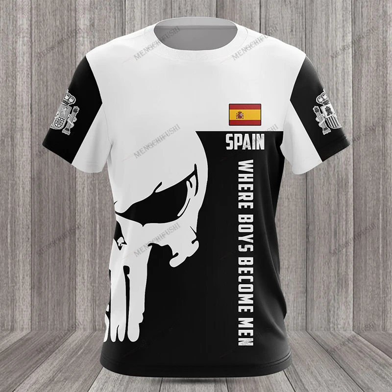 Custom Name Spain Flag Unisex Skull Graphic T-shirts Cool Fast Dry Jersey Sportswear Summer Casual Short Sleeve Streetwear Tees