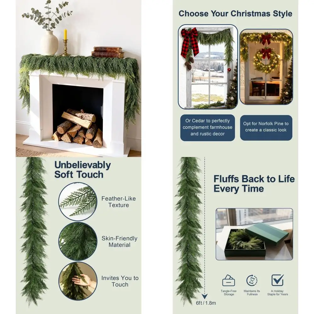 

Artificial Cedar Garland, 12FT Long, Lush and Feathery, Unlit Greenery for Mantle and Staircase Decorations, Natural Look