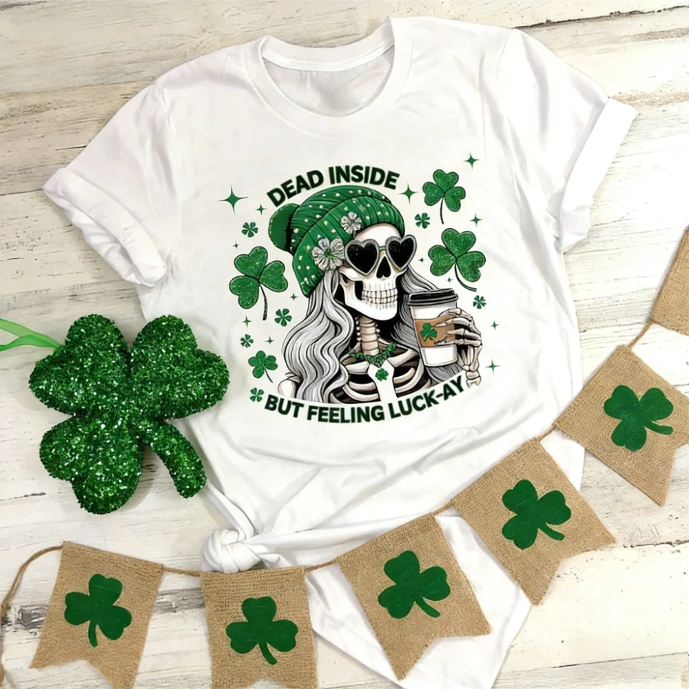 Dead Inside But Feeling Lucky Shirt Lustiges St. Patrick's Day T-Shirt Lucky St.Patrick Skeleton T-Shirt Damen Saint Patrick's Day T-Shirt