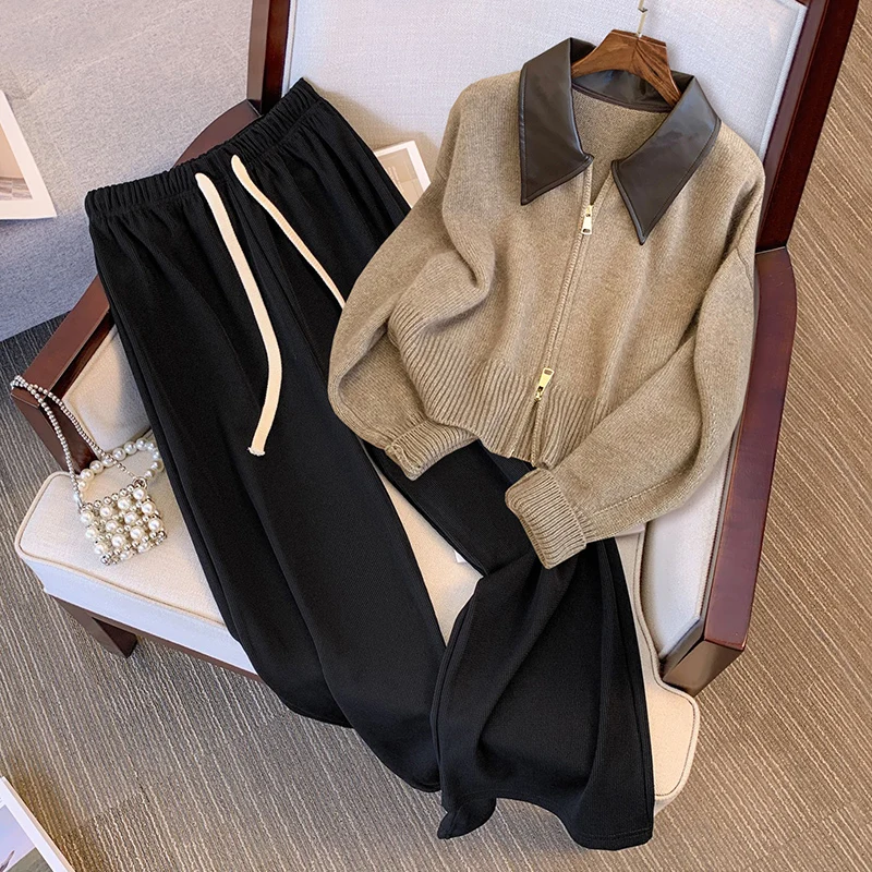 

Большие размеры, осенне-зимний вязаный кардиган, повседневный комплект с широкими штанинами, повседневный комплект одежды больших размеров в американском стиле