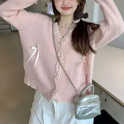 Sweet V-Neck Lace Spliced Sweaters Autumn Winter Fashion Bow Loose Basic Female Clothing Pearl Single-breasted Knitted Cardigan