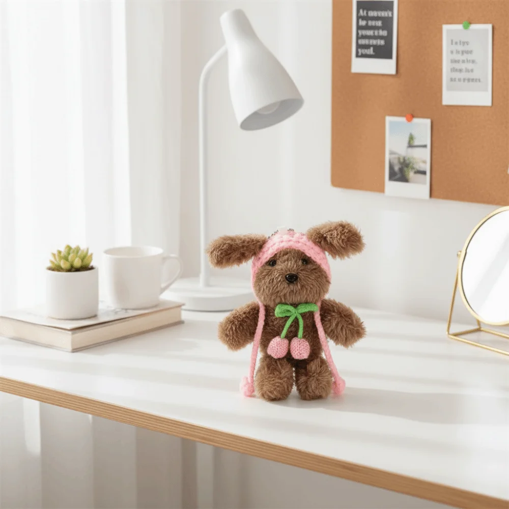 キーホルダー付きビーニーハット、子犬のぬいぐるみペンダント、漫画風面白いぬいぐるみ犬キーホルダー、かわいい犬のぬいぐるみキーリング、女の子へのプレゼント