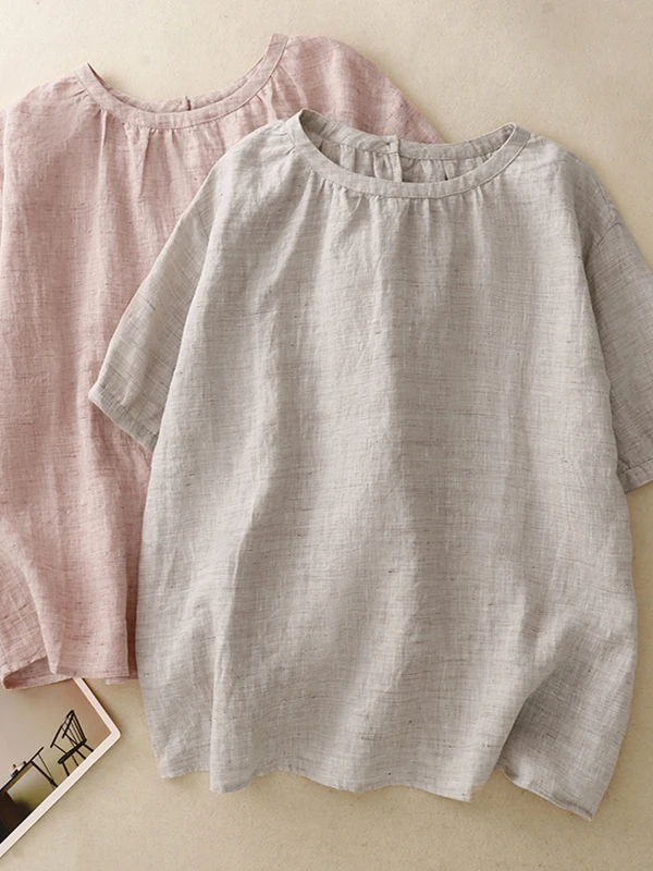

Loose Fit Color Woven Linen Casual T-irt One Button round Ne ort Sve Versatile Summer Top for plus Size Women
