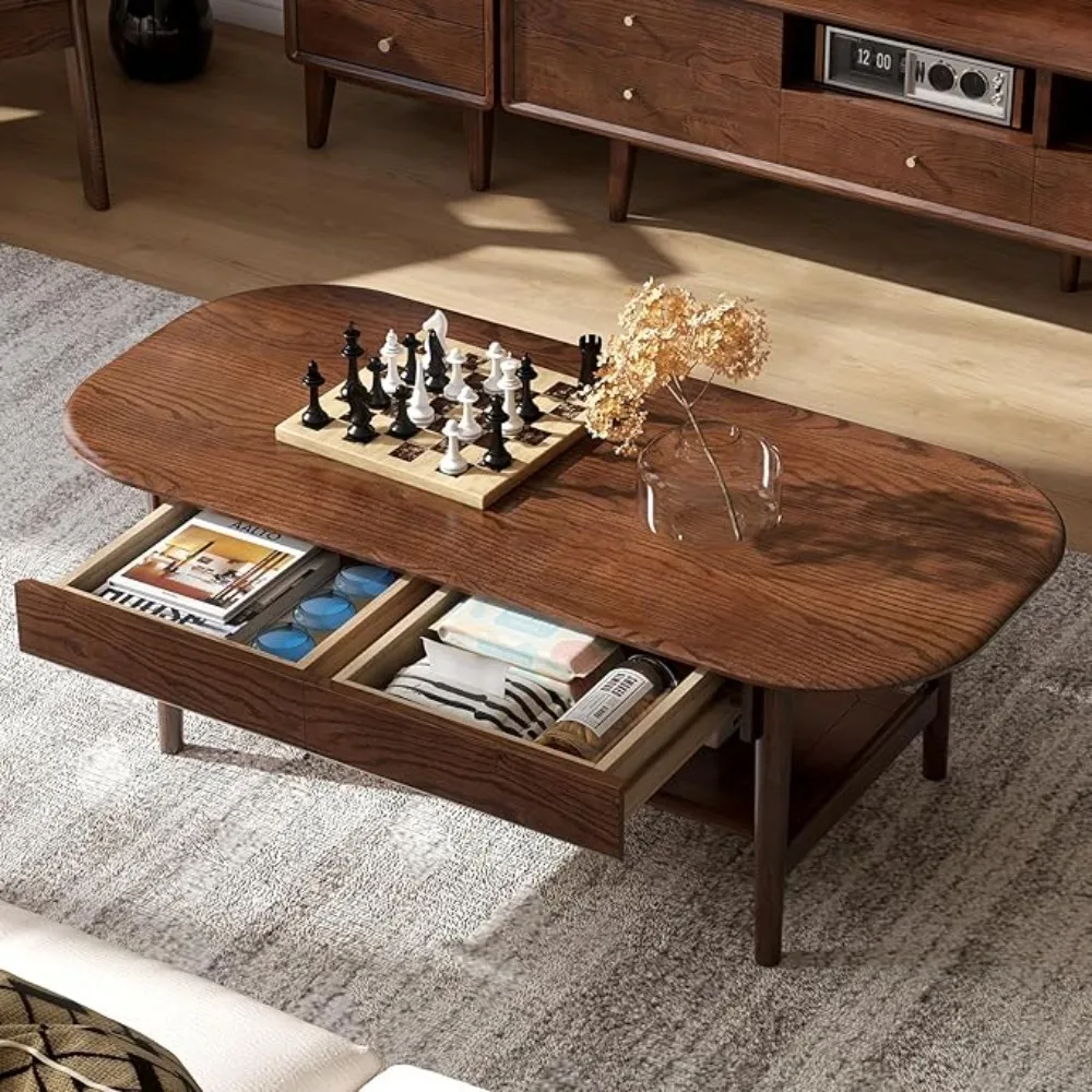 

Mid-Century Modern 2-Tier Solid Oak Coffee Table with Drawers and Open Shelf for Living Room