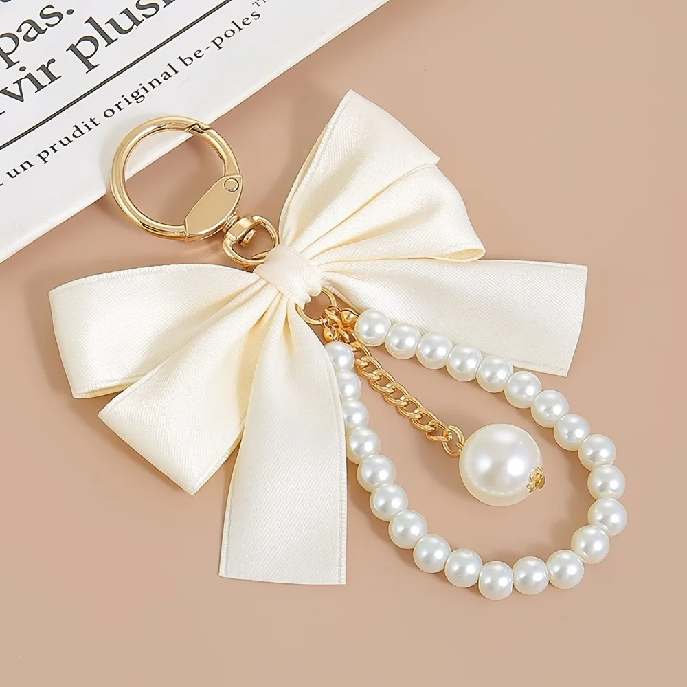 1pc A Ribbon Bow Imitation Pearl Keychain, Creative Key Ring Bag Charm, Phone Charm, Car Keychain, Car Accessory, Gift for Women