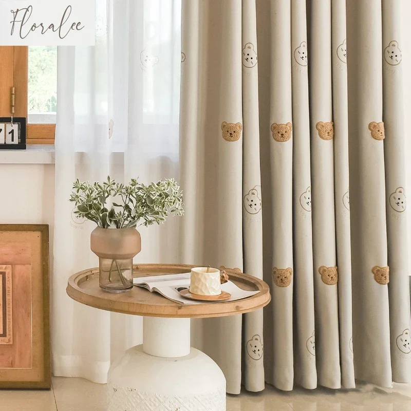 

Plush Bear Cartoon Children's Room Curtains Girls and Boys Bedroom New Full Blackout Curtains Bay Window Gauze Curtains Safe
