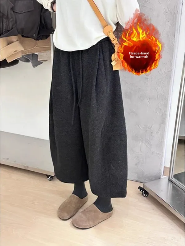 Winter New Sle Korean Loose Fit Fce Lined Casual Sweatpants plus Size Women's Elastic Waist Slimming Wide Leg Pants