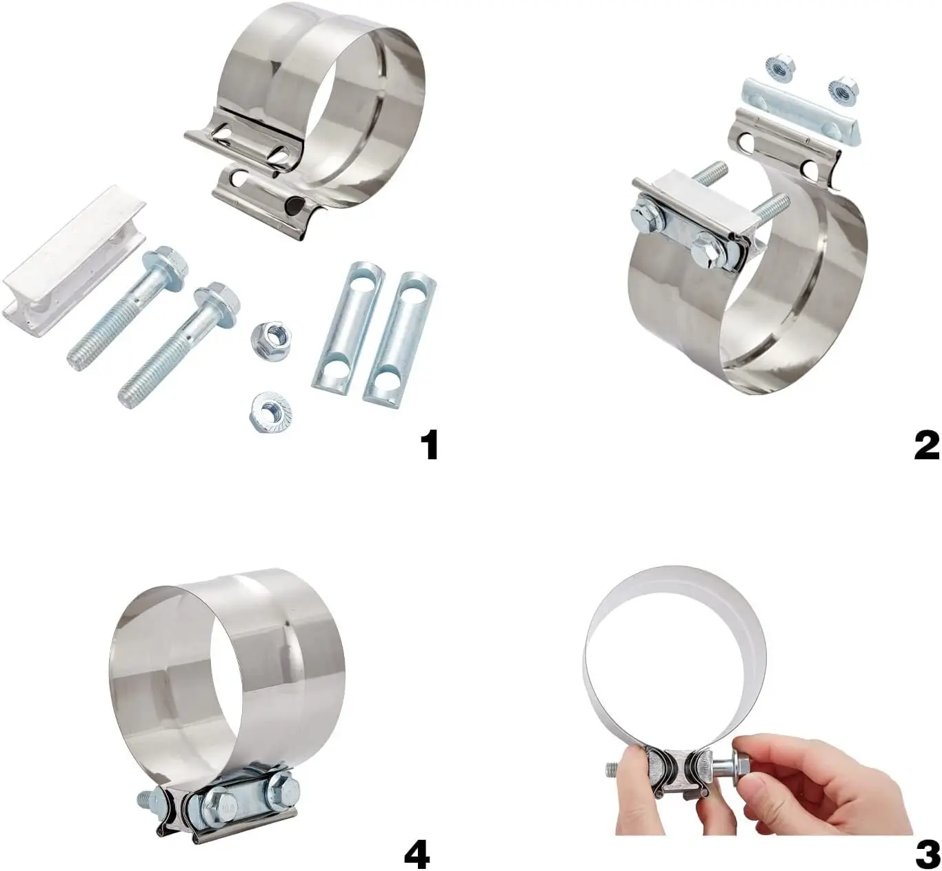العالمي 4 بوصة الفولاذ المقاوم للصدأ اللفة المشتركة العادم المشبك الخمار كم المقرنة الفضة TP-1006