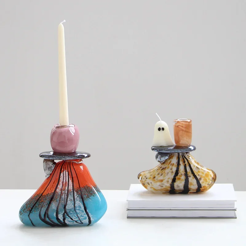 Mottled Painted Glass Candle Holder Creative Ornaments Candlestick Table Decoration Candelabrum Wax Melt Burner Aroma Diffuser