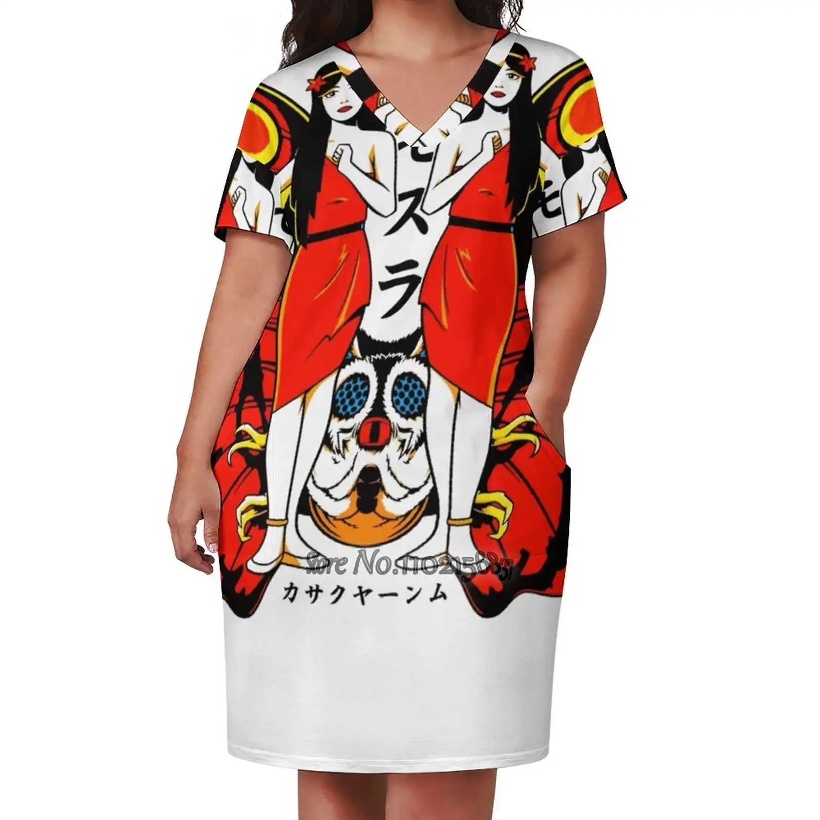 Shobijin V-Neck Short Sleeve Skirt Slim Skirts Loose Elegant Fashion Dress 5Xl Mothra Kaiju Monster Fairies Nihon Nippon Insect