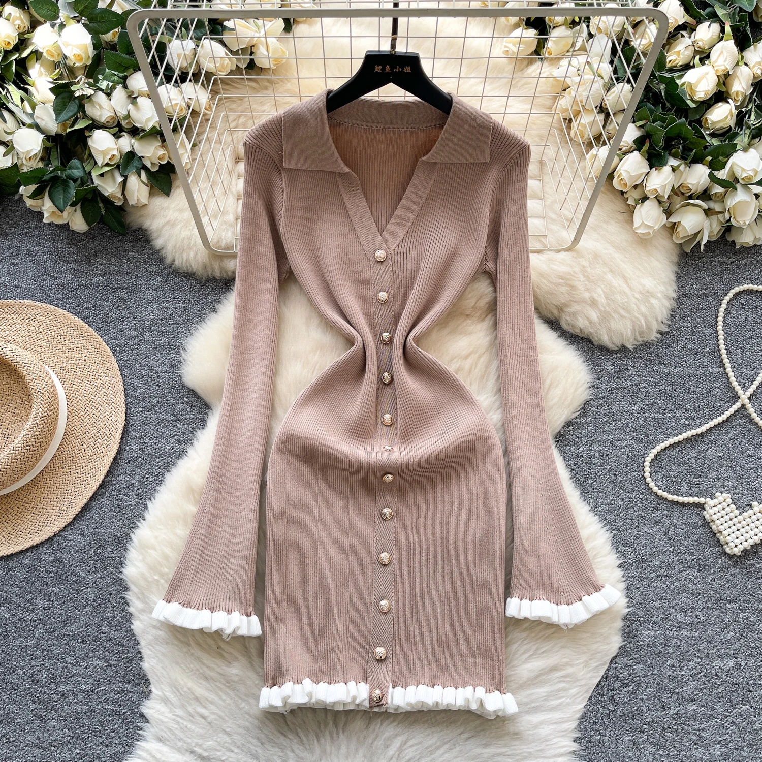 Chic vintage Impiombato aderente manica lunga Maglia Elegante Fata moda coreana Boho Vestito estivo da donna mini abito