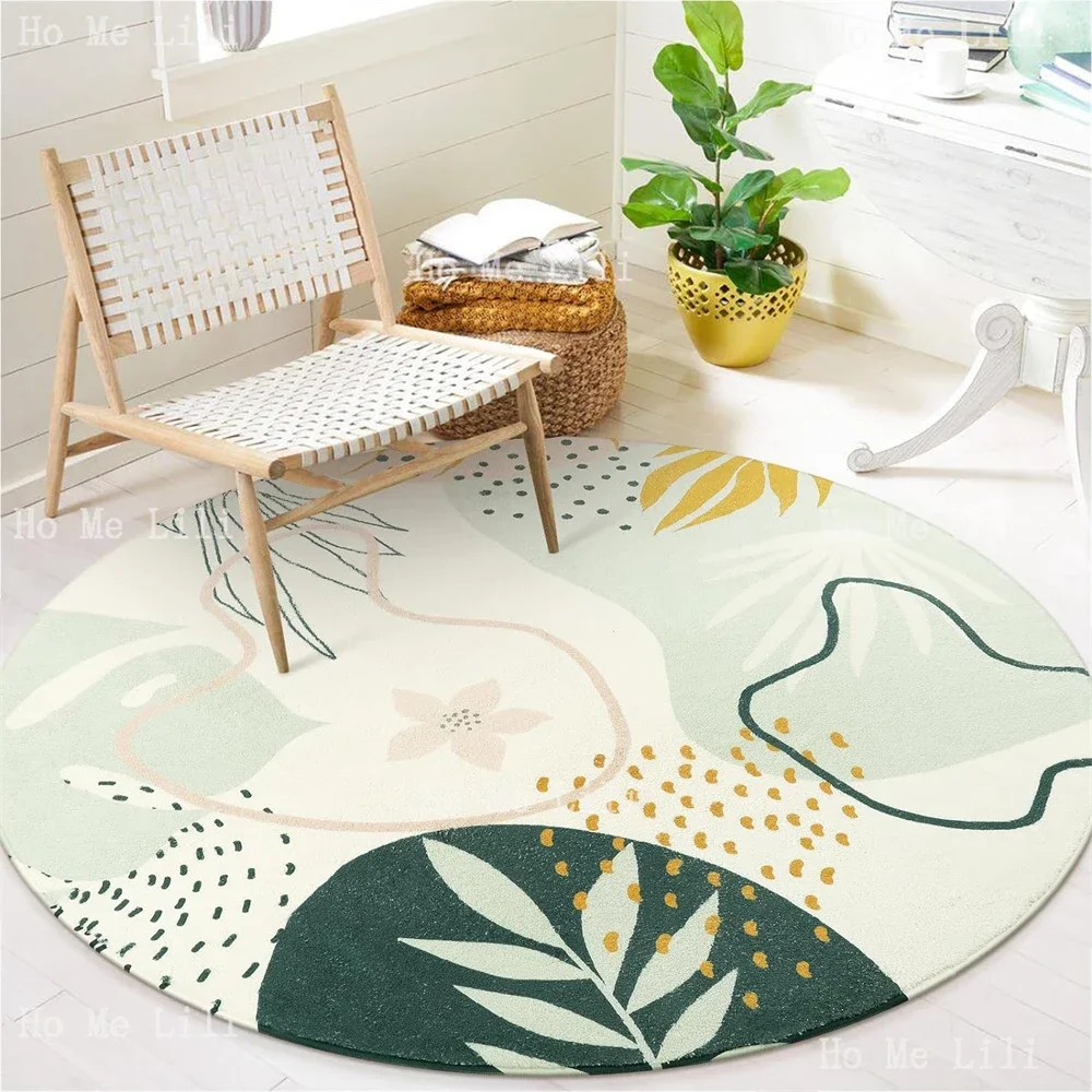 Boho Round Area Rug Non-Slip Soft Cute Green Botanical Print Round Carpet For Entryway Sofa Living Room