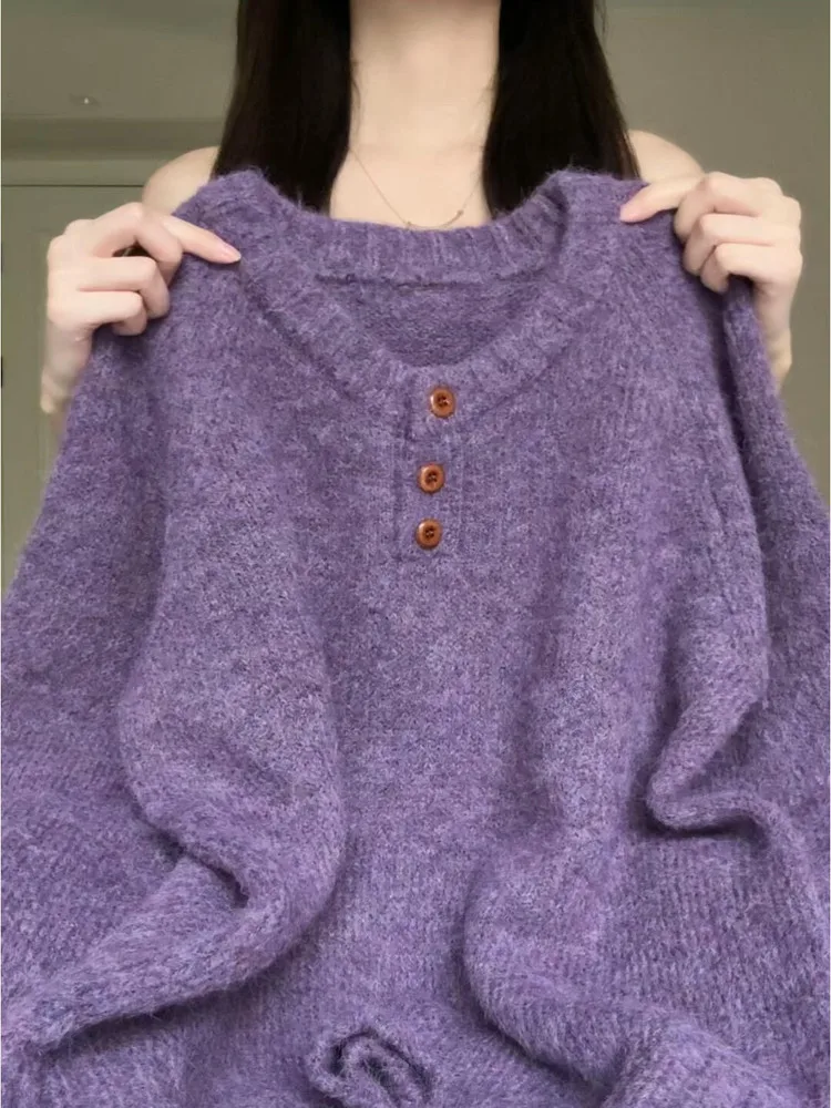 

Retro Korean Loose Women's Knitted Sweater round Ne Button up Purple Color Warm Autumn Winter Top Faionable Casual Sle