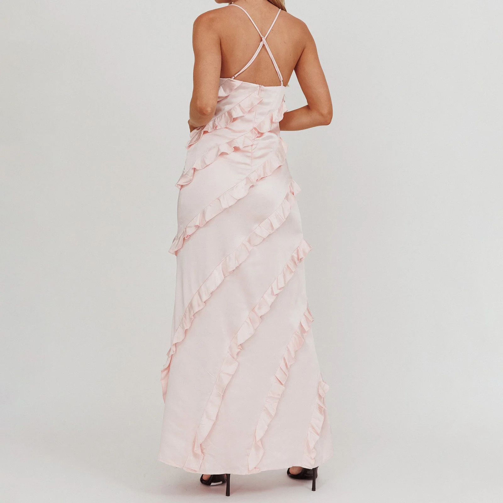 ผู้หญิงยาว Cami ชุดเดรสแขนกุดข้ามกลับ Ruffle Trim ชุดสําหรับชายหาดฤดูร้อนปาร์ตี้กลางแจ้งกิจกรรม Streetwear