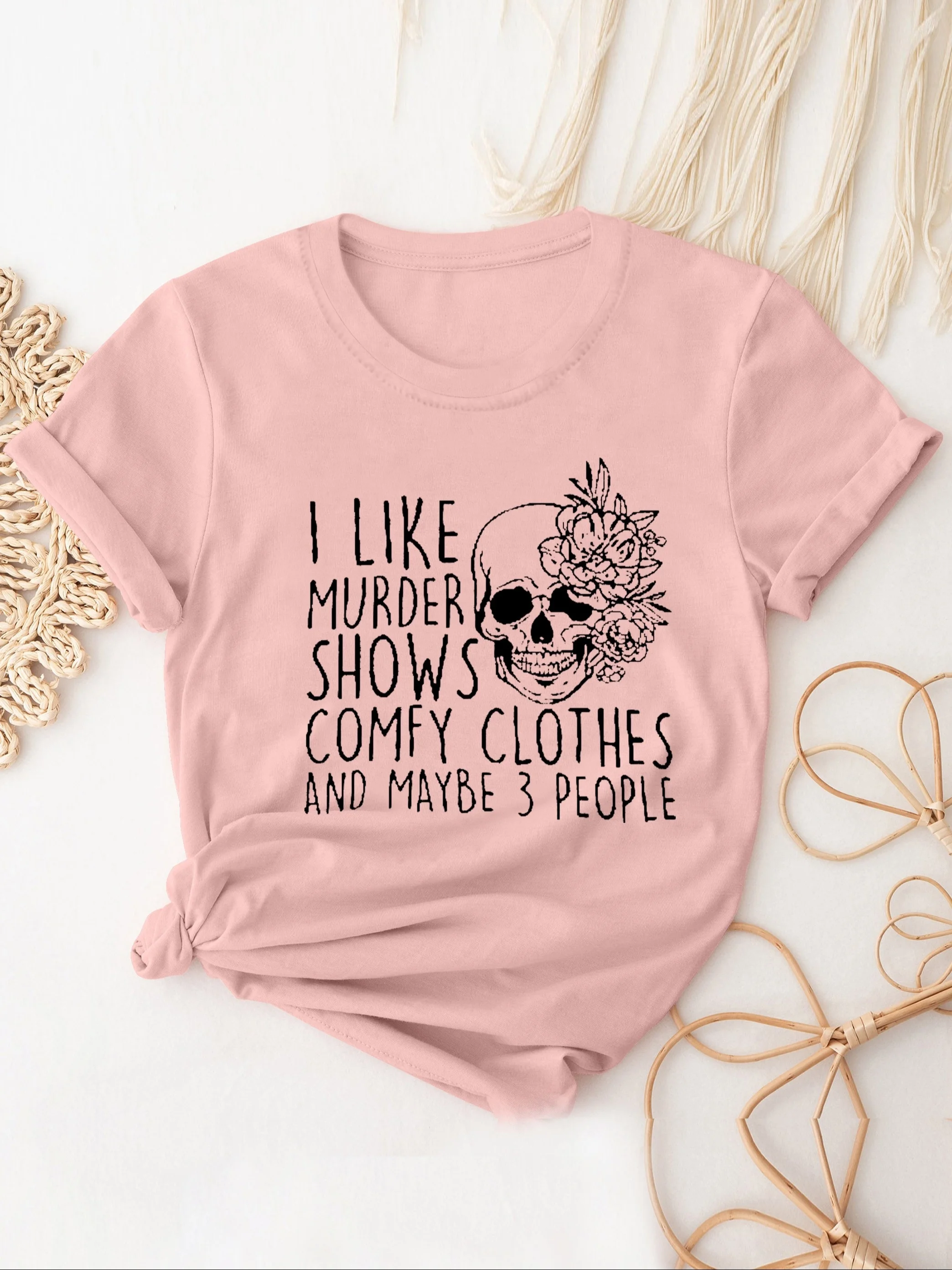 

Women's Flower Skull & Letter Print Crew Neck T-Shirt - Casual Short Sleeve Top for Spring & Summer