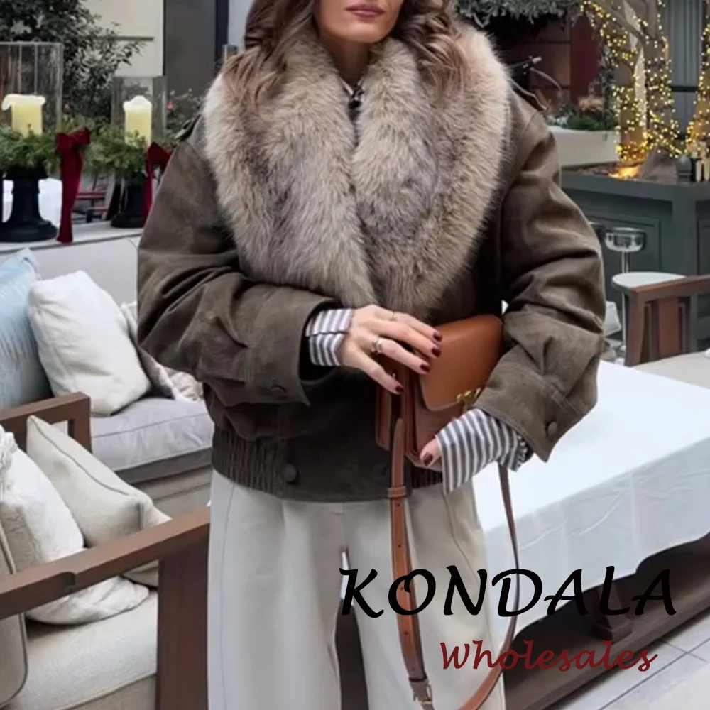 

KONDALA шикарная винтажная мода 2025, зимняя однотонная уличная куртка из искусственного меха с воротником-стойкой, двубортные карманы, женская верхняя одежда