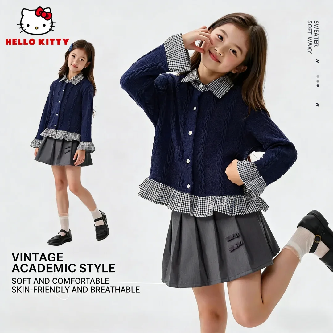 

Hello Kitty детский свитер с лацканами в клетку для девочек, темно-синий удобный жаккардовый свитер, дышащий свитер из приятного для кожи