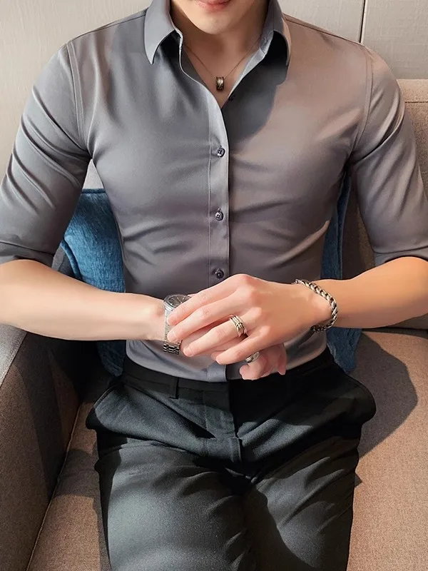 Slim Fit Men's Shirt Short Sleeve Thin Business Casual Summer No Ironing Required Seven-Five Sleeve Inch Shirt Regular Length