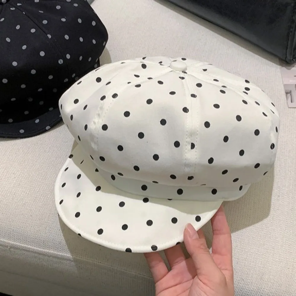 New White Polka Dot Beret Large Version Flipped Brim Octagonal Painter Hats Vintage Style Adjustable Baseball Hat Women