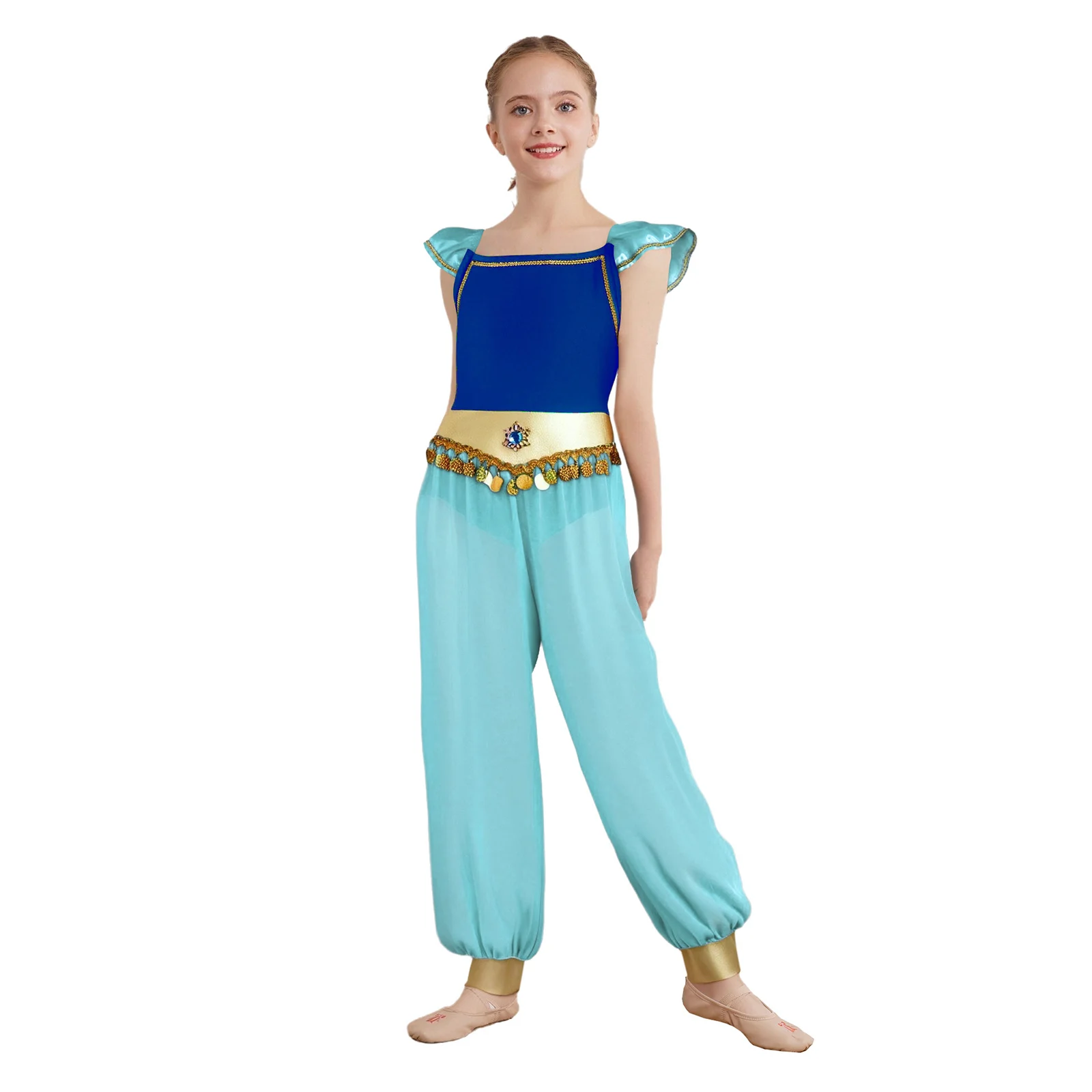 Arabian Princess Costume for Kids Girls Halloween Cosplay Shiny Sequins Jumpsuit Belly Dance Stage Performance Fancy Dress Up