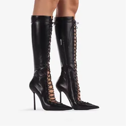 Arden Furtado Summer Knee high boots Pointed toe Cross lacing Hollow out Stiletto heels black matte leather high heel Sexy boots