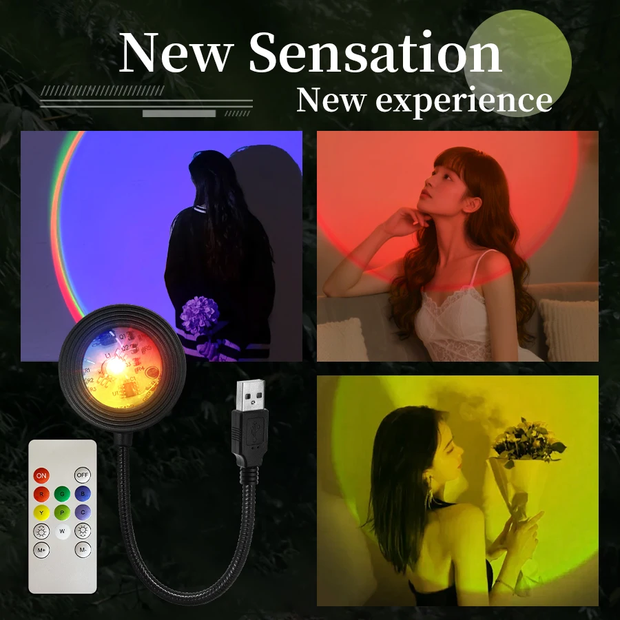 USB Sunset Lamp Night Light with Remote Control RGB Colorful Ambient Light for Holiday Party Lighting Selfie Bedroom Room Decor