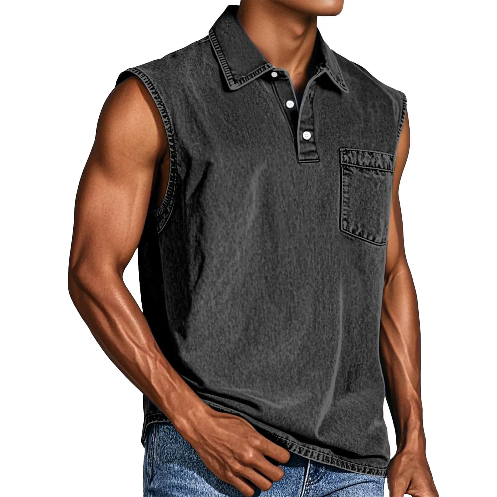 American Style Sleeveless T-Shirts Men Vintage Casual Turn Down Collar Pull On Tshirt Male Solid Streetwear Casual Tank Tops