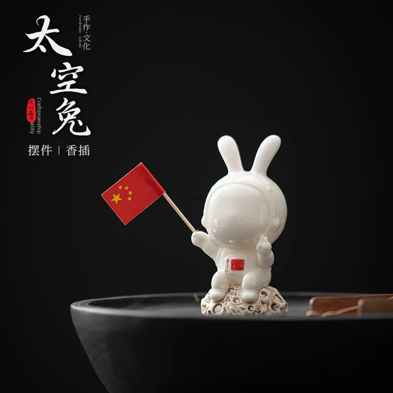 

Ceramic Cute Space Rabbit Aromatherapy Burner Ornament for Home Indoor Tea Pet Jade Rabbit Incense Burner Incense