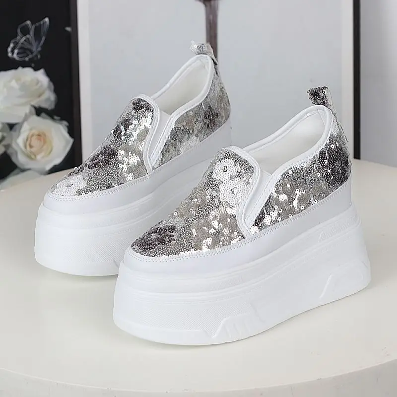 

2026 Fashion Summer New Platform Platform Casual Shoes Women's Super High Heels with 12CM Sequined Loafers Slip-on Women's Shoes