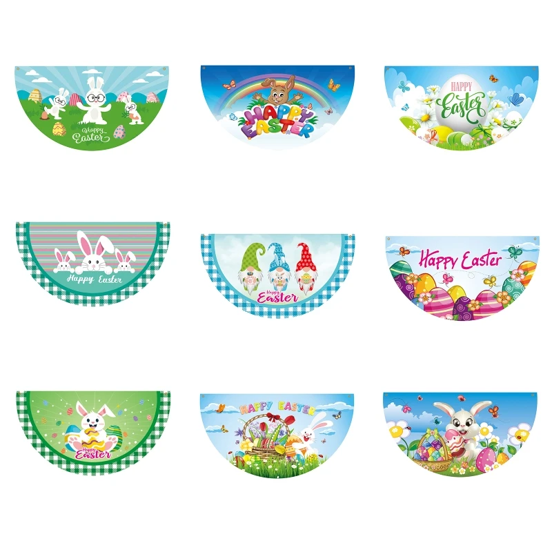 Happy Easter Fan-shaped Semicircle Colorful Gnome Bunny Egg Pattern Flags for Home Outdoor Garden Fence Decoration Bunting