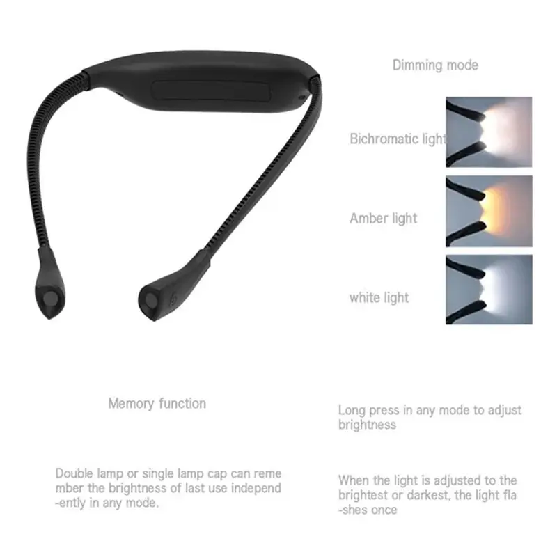 LNHF LED Neck Lights USB Rechargeable Book Light Reading Lamp 3 Colors Stepless Dimming Flashlight Repairing Work White