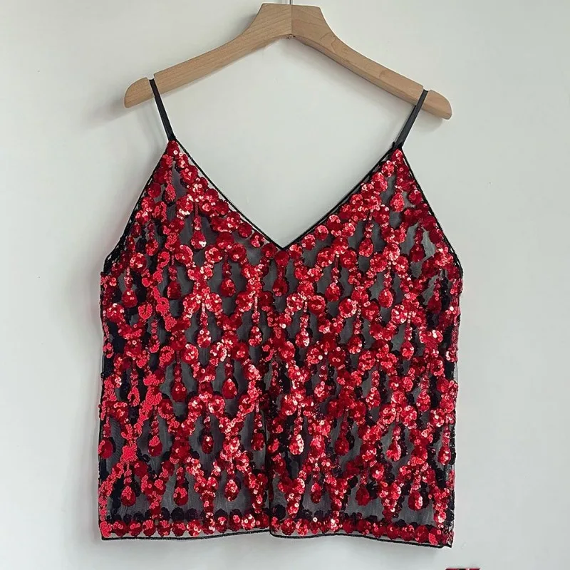 2024 Summer New Stacked Sequined Bead Sling Suspender Sexy Slim Fit Cropped V-Neck Mesh Spice Girl Ins Camis Chic Top