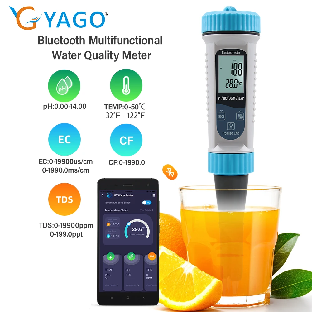 

Digital BT PH Meter Water Quality Analyzer Thermometer PH/EC/CF/Temp/TDS Meter APP Control for Drinking Water Pool Aquarium